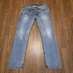 True Religion Men's Jeans 36 Blue Distressed Super T Yellow Stitch Y2K USA Made
